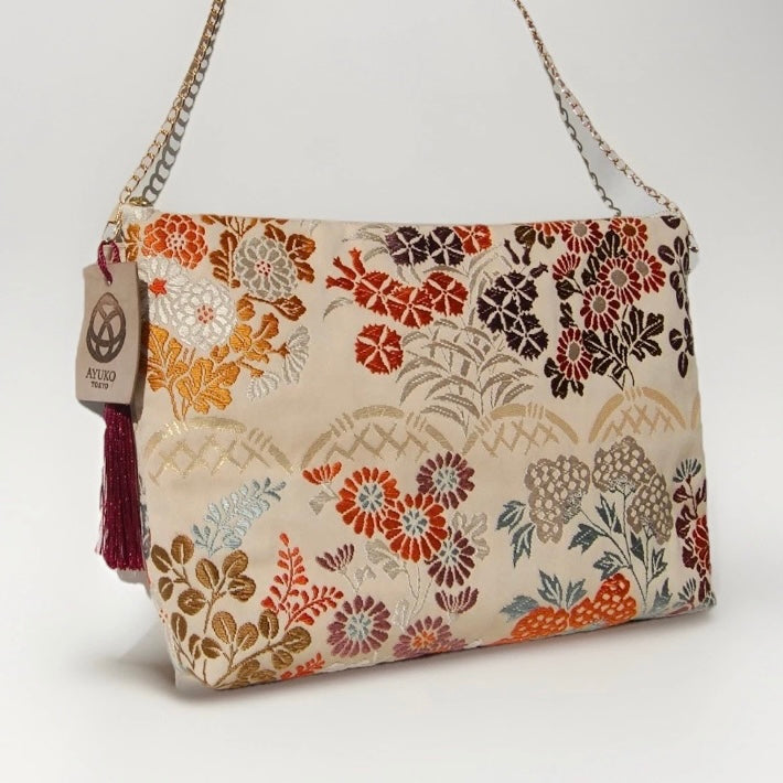 vintage Silk Obi Shoulder Bag — Zipper-Secure Crossbody with Karakusa Floral Motif