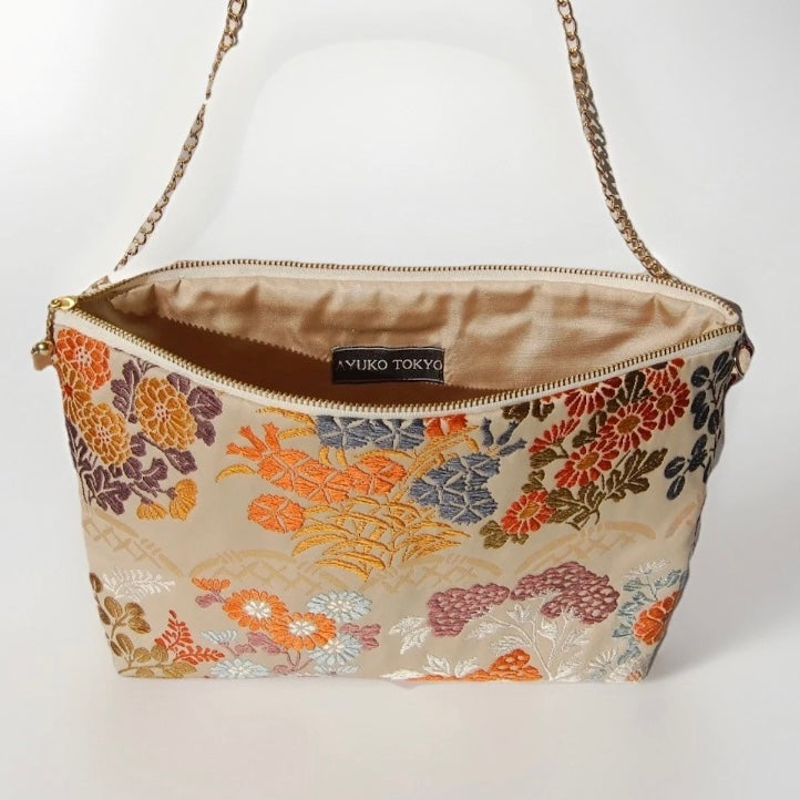 vintage Silk Obi Shoulder Bag — Zipper-Secure Crossbody with Karakusa Floral Motif