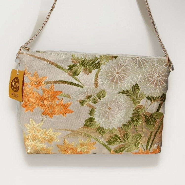 Vintage Fukuro Obi Shoulder Bag — Zipper-Secure Chrysanthemum & Maple Silk