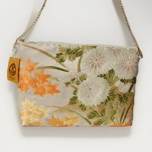 Vintage Fukuro Obi Shoulder Bag — Zipper-Secure Chrysanthemum & Maple Silk