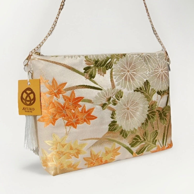 Vintage Fukuro Obi Shoulder Bag — Zipper-Secure Chrysanthemum & Maple Silk