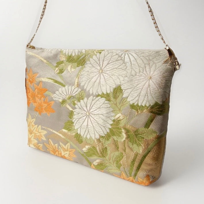 Vintage Fukuro Obi Shoulder Bag — Zipper-Secure Chrysanthemum & Maple Silk