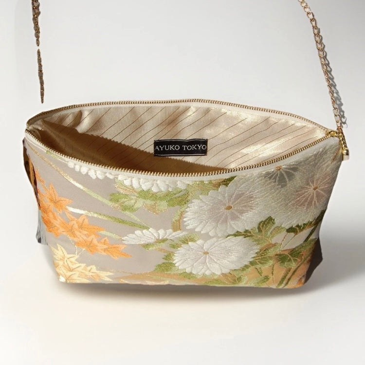 Vintage Fukuro Obi Shoulder Bag — Zipper-Secure Chrysanthemum & Maple Silk