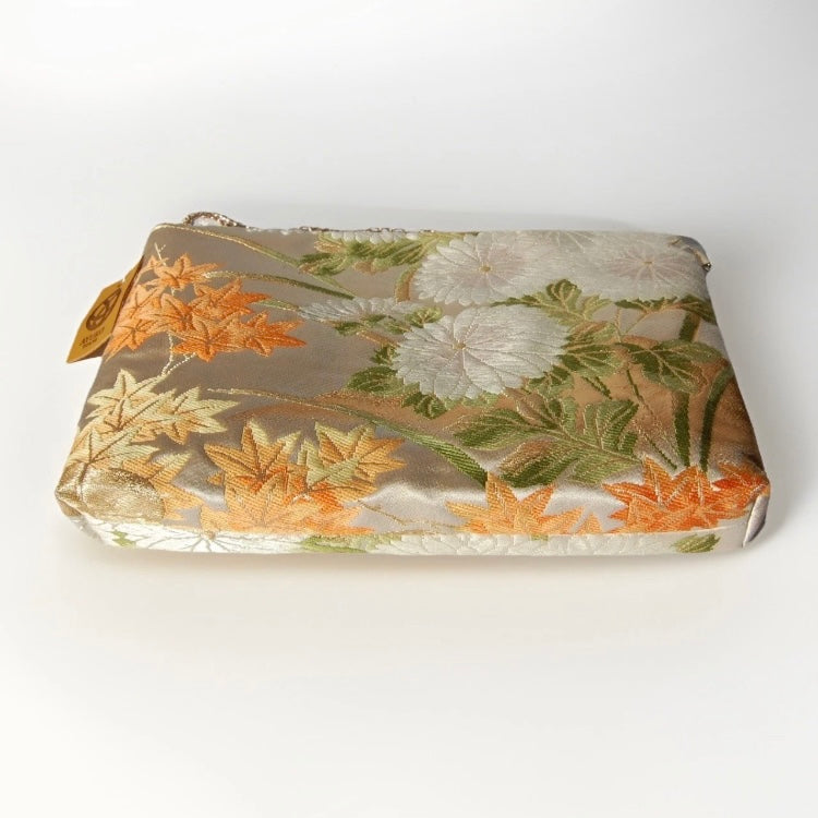 Vintage Fukuro Obi Shoulder Bag — Zipper-Secure Chrysanthemum & Maple Silk