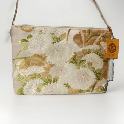 Vintage Fukuro Obi Shoulder Bag — Zipper-Secure Chrysanthemum & Maple Silk