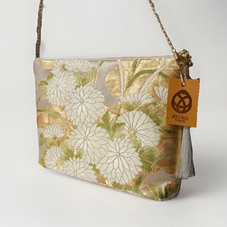 Vintage Fukuro Obi Shoulder Bag — Zipper-Secure Chrysanthemum & Maple Silk