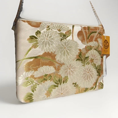 Vintage Fukuro Obi Shoulder Bag — Zipper-Secure Chrysanthemum & Maple Silk