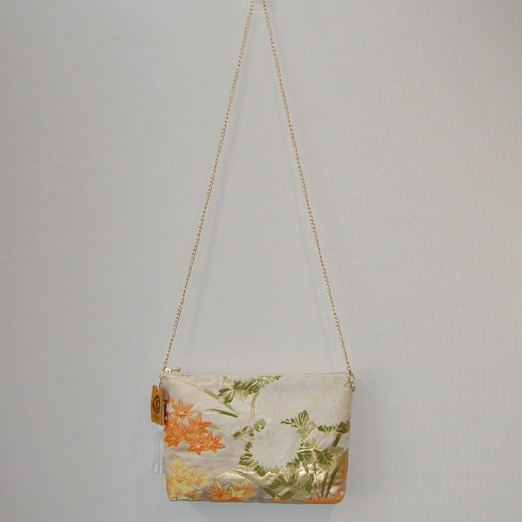 Vintage Fukuro Obi Shoulder Bag — Zipper-Secure Chrysanthemum & Maple Silk