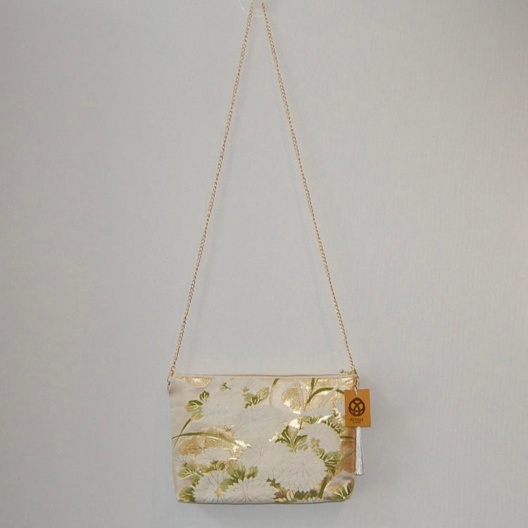 Vintage Fukuro Obi Shoulder Bag — Zipper-Secure Chrysanthemum & Maple Silk