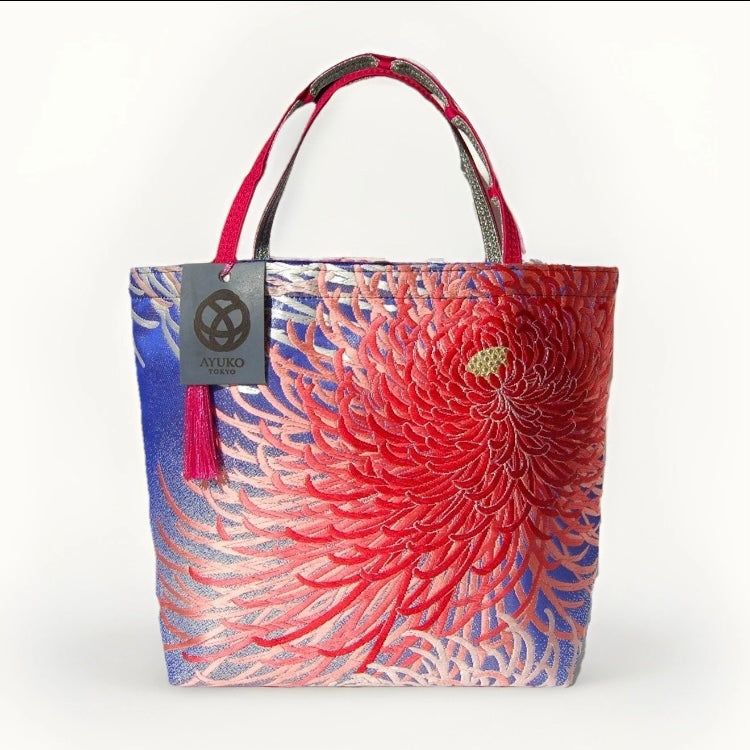 Rangiku 乱菊 Chrysanthemum Vintage Obi Silk Tote in Red Indigo