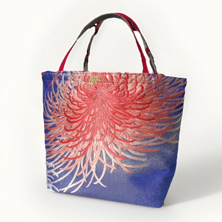 Rangiku 乱菊 Chrysanthemum Vintage Obi Silk Tote in Red Indigo
