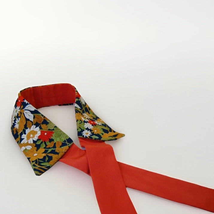 Vintage Kimono Silk Detachable Collar Tie — Navy Floral with Orange Accent