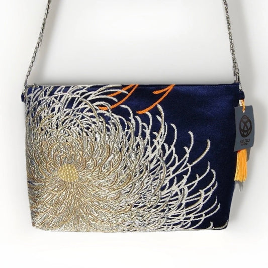 Vintage Fukuro Obi Shoulder Bag — Navy & Silver Ran-Giku Silk