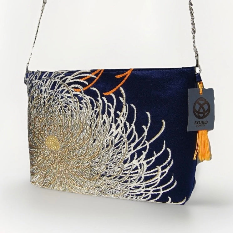 Vintage Fukuro Obi Shoulder Bag — Navy & Silver Ran-Giku Silk