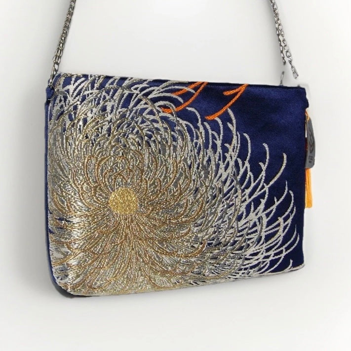 Vintage Fukuro Obi Shoulder Bag — Navy & Silver Ran-Giku Silk