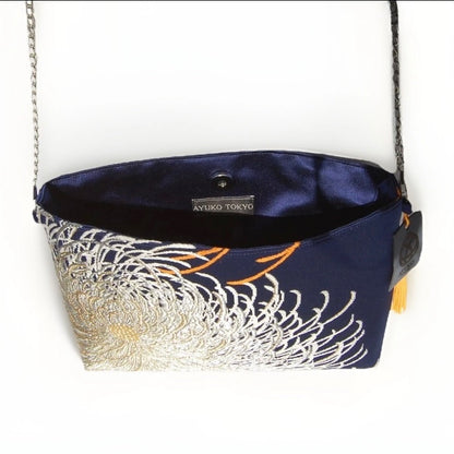 Vintage Fukuro Obi Shoulder Bag — Navy & Silver Ran-Giku Silk