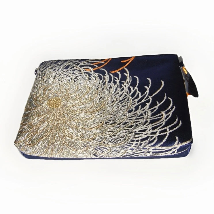 Vintage Fukuro Obi Shoulder Bag — Navy & Silver Ran-Giku Silk
