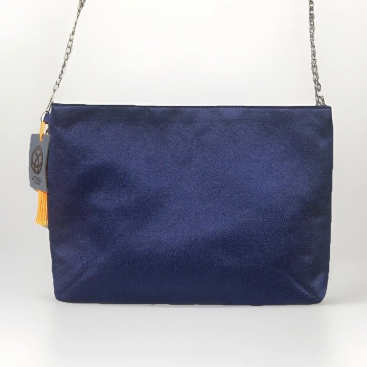 Vintage Fukuro Obi Shoulder Bag — Navy & Silver Ran-Giku Silk