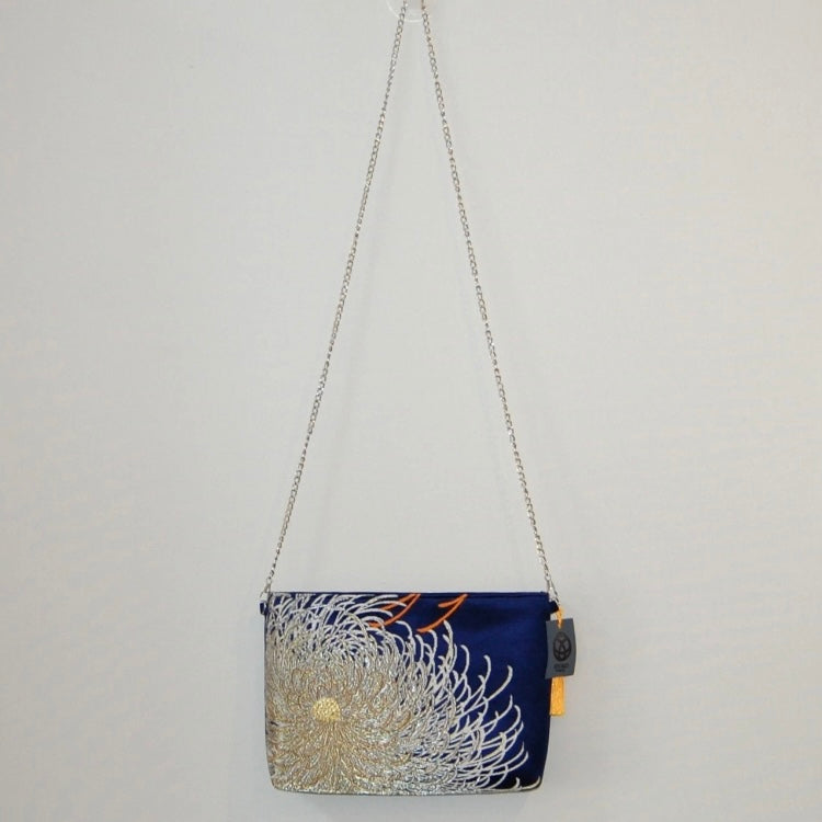 Vintage Fukuro Obi Shoulder Bag — Navy & Silver Ran-Giku Silk