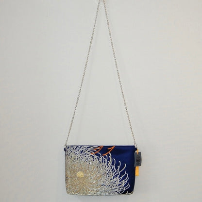 Vintage Fukuro Obi Shoulder Bag — Navy & Silver Ran-Giku Silk