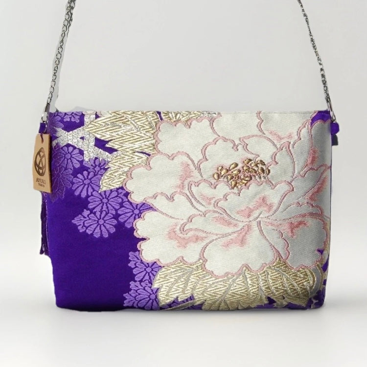 Vintage Fukuro Obi Shoulder Bag — Purple Silk with White Peony Motif