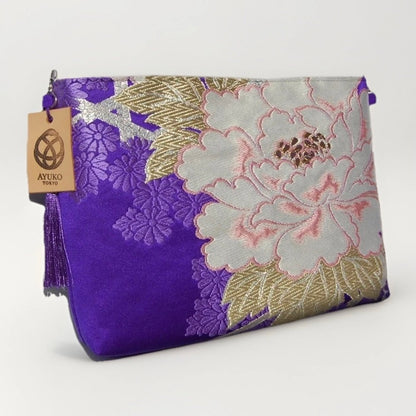 Vintage Fukuro Obi Shoulder Bag — Purple Silk with White Peony Motif