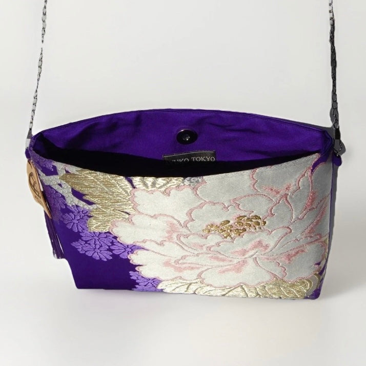 Vintage Fukuro Obi Shoulder Bag — Purple Silk with White Peony Motif