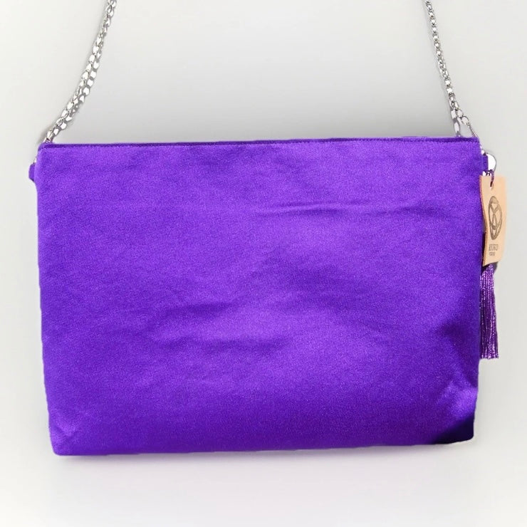 Vintage Fukuro Obi Shoulder Bag — Purple Silk with White Peony Motif