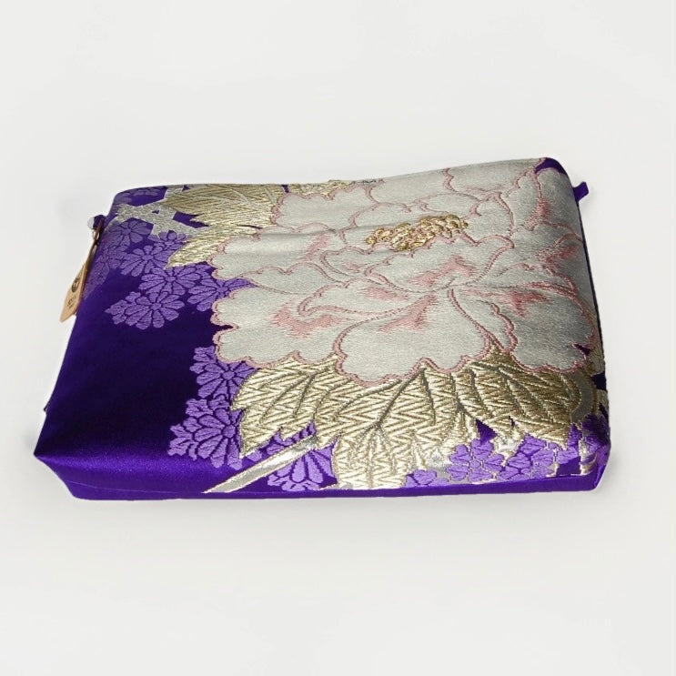 Vintage Fukuro Obi Shoulder Bag — Purple Silk with White Peony Motif