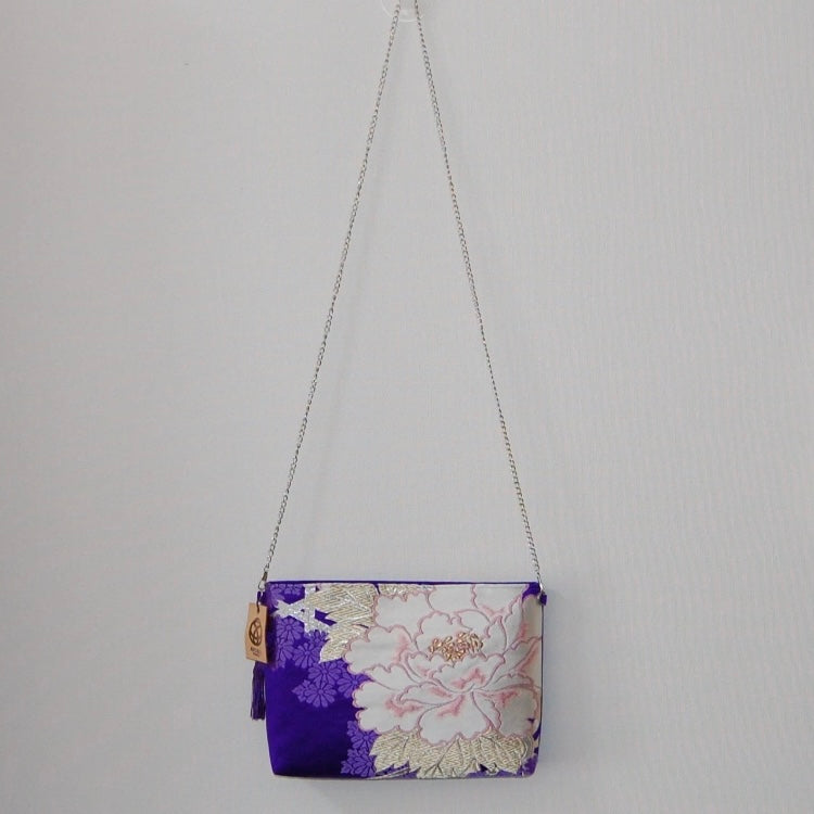 Vintage Fukuro Obi Shoulder Bag — Purple Silk with White Peony Motif