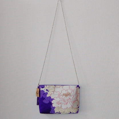 Vintage Fukuro Obi Shoulder Bag — Purple Silk with White Peony Motif