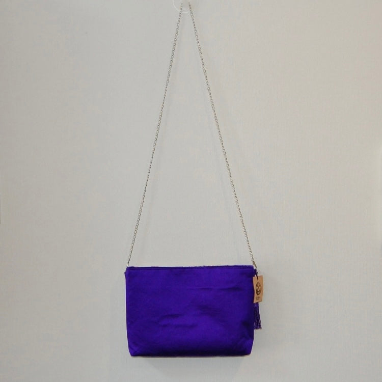 Vintage Fukuro Obi Shoulder Bag — Purple Silk with White Peony Motif