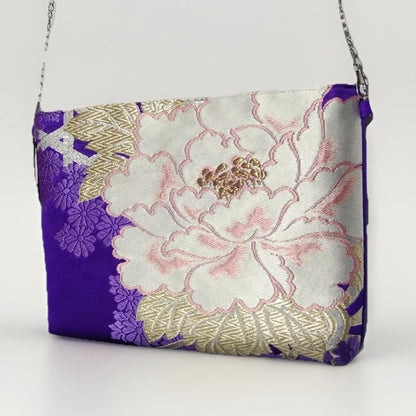 Vintage Fukuro Obi Shoulder Bag — Purple Silk with White Peony Motif