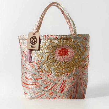 Rangiku 乱菊 Chrysanthemum Vintage Obi Silk Tote in Gold Silver Pink