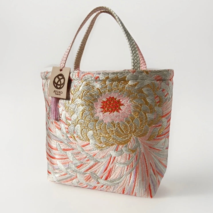 Rangiku 乱菊 Chrysanthemum Vintage Obi Silk Tote in Gold Silver Pink