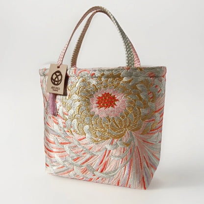 Rangiku 乱菊 Chrysanthemum Vintage Obi Silk Tote in Gold Silver Pink