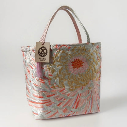 Rangiku 乱菊 Chrysanthemum Vintage Obi Silk Tote in Gold Silver Pink