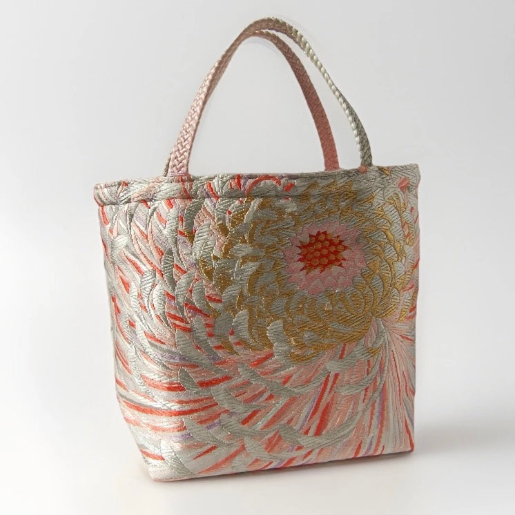 Rangiku 乱菊 Chrysanthemum Vintage Obi Silk Tote in Gold Silver Pink