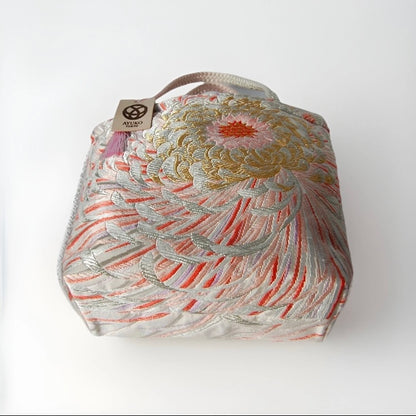 Rangiku 乱菊 Chrysanthemum Vintage Obi Silk Tote in Gold Silver Pink