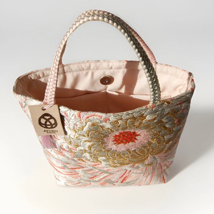 Rangiku 乱菊 Chrysanthemum Vintage Obi Silk Tote in Gold Silver Pink