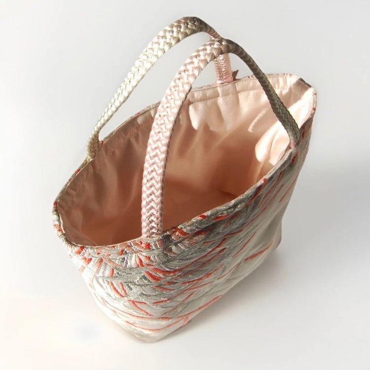 Rangiku 乱菊 Chrysanthemum Vintage Obi Silk Tote in Gold Silver Pink
