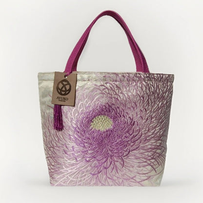 Rangiku 乱菊 Chrysanthemum Vintage Obi Silk Tote in Lavender Silver