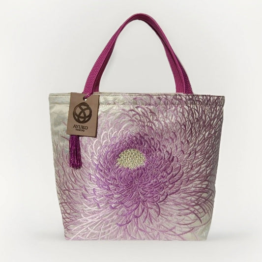 Rangiku 乱菊 Chrysanthemum Vintage Obi Silk Tote in Lavender Silver