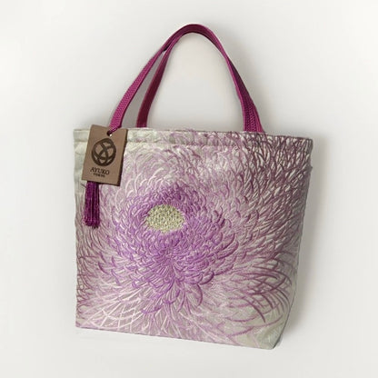 Rangiku 乱菊 Chrysanthemum Vintage Obi Silk Tote in Lavender Silver