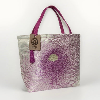 Rangiku 乱菊 Chrysanthemum Vintage Obi Silk Tote in Lavender Silver
