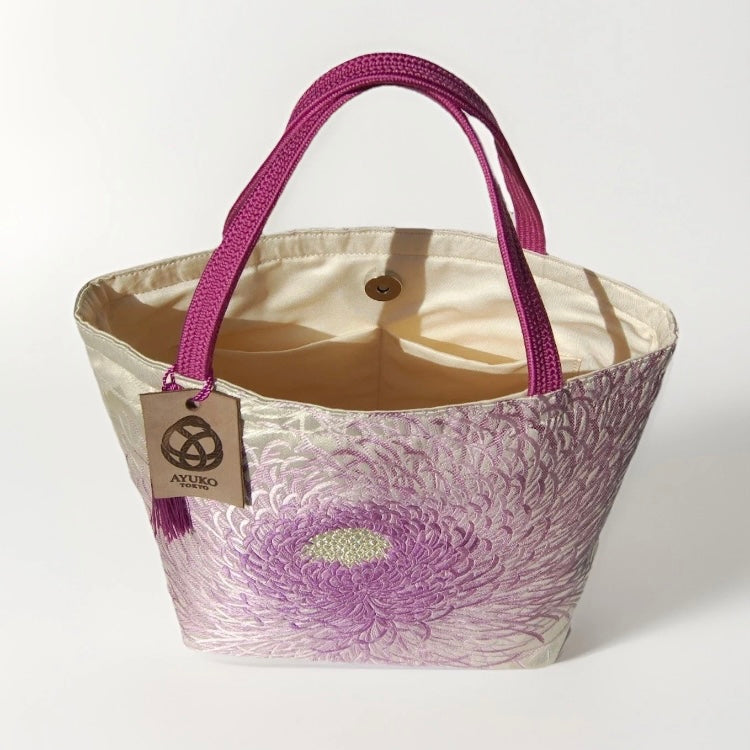 Rangiku 乱菊 Chrysanthemum Vintage Obi Silk Tote in Lavender Silver