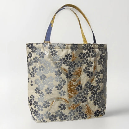 Vintage Fukuro Obi Mini Tote Bag — Gray-Blue Sakura on Ivory Silk