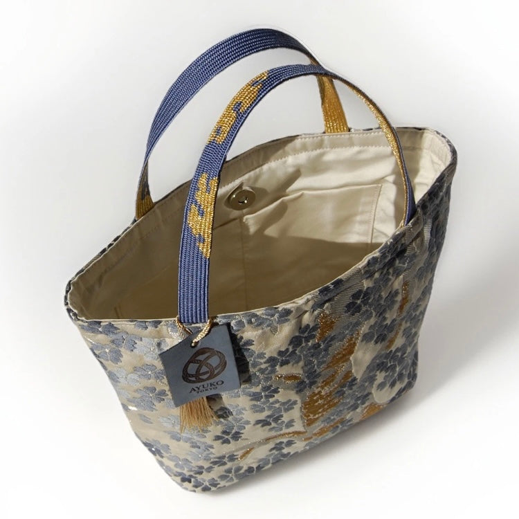 Vintage Fukuro Obi Mini Tote Bag — Gray-Blue Sakura on Ivory Silk