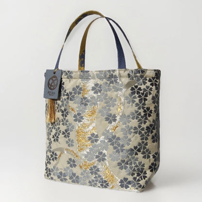 Vintage Fukuro Obi Mini Tote Bag — Gray-Blue Sakura on Ivory Silk