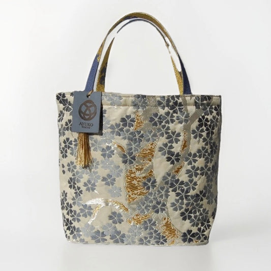 Vintage Fukuro Obi Mini Tote Bag — Gray-Blue Sakura on Ivory Silk